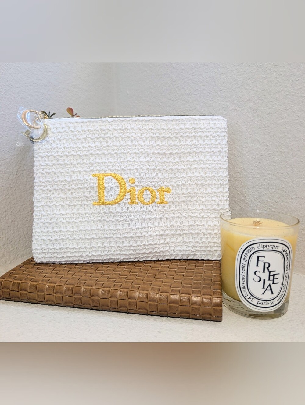 Dior White and Yellow Raffia Pouch GWP